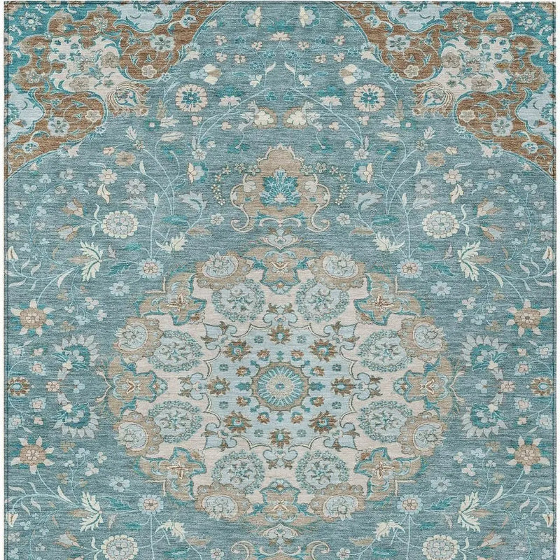 10' X 14' Teal Blue And Pewter Damask Washable Indoor Outdoor Area Rug Homeroots Outdoor