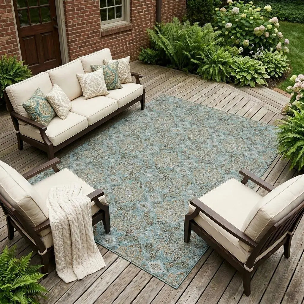 10' X 14' Teal Blue And Pewter Damask Washable Indoor Outdoor Area Rug Homeroots Outdoor