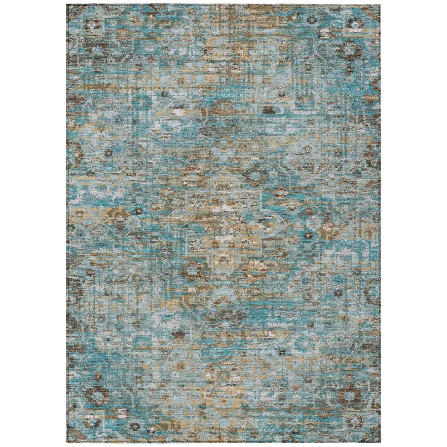 10' X 14' Teal Blue And Pewter Floral Medallion Washable Indoor Outdoor Area Rug Homeroots Outdoor