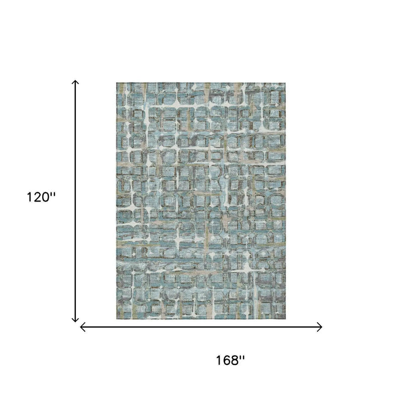 10' X 14' Teal Blue And Pewter Geometric Washable Indoor Outdoor Area Rug Homeroots Outdoor
