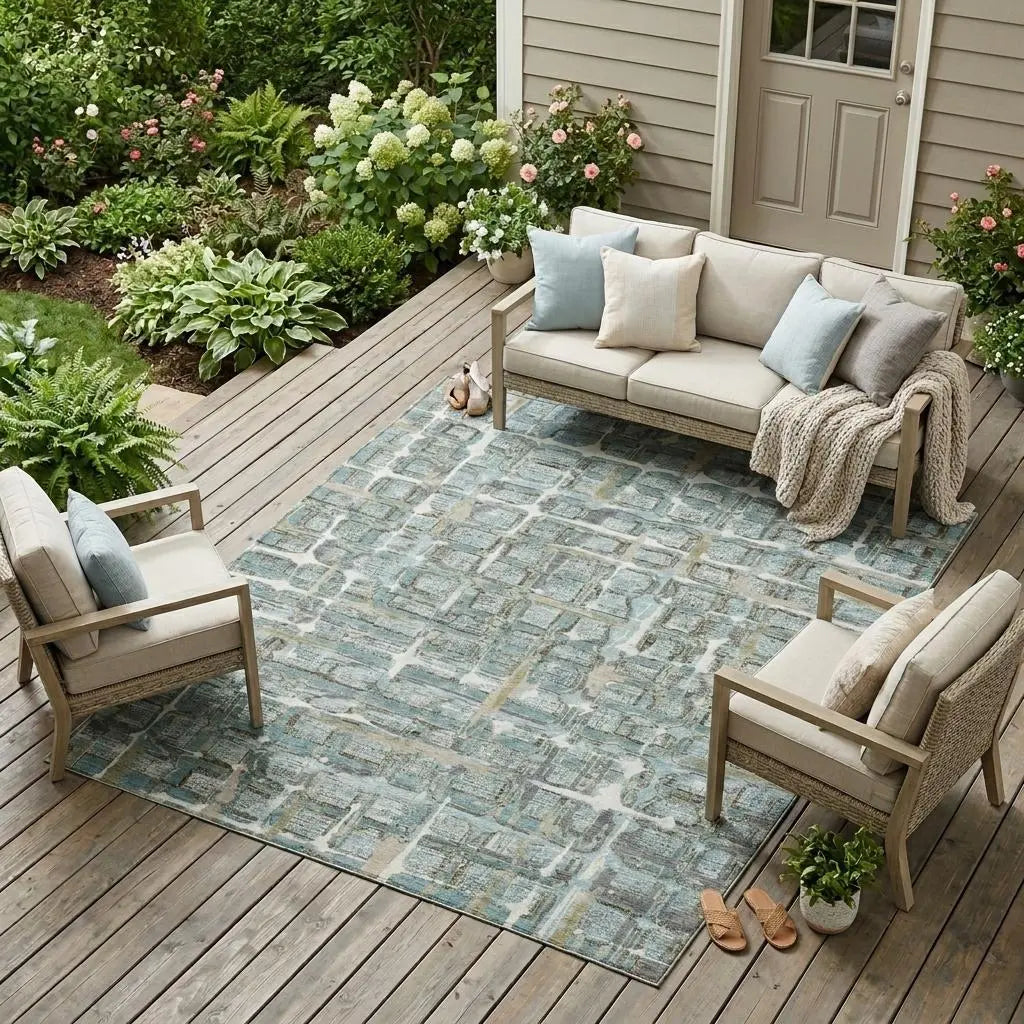 10' X 14' Teal Blue And Pewter Geometric Washable Indoor Outdoor Area Rug Homeroots Outdoor