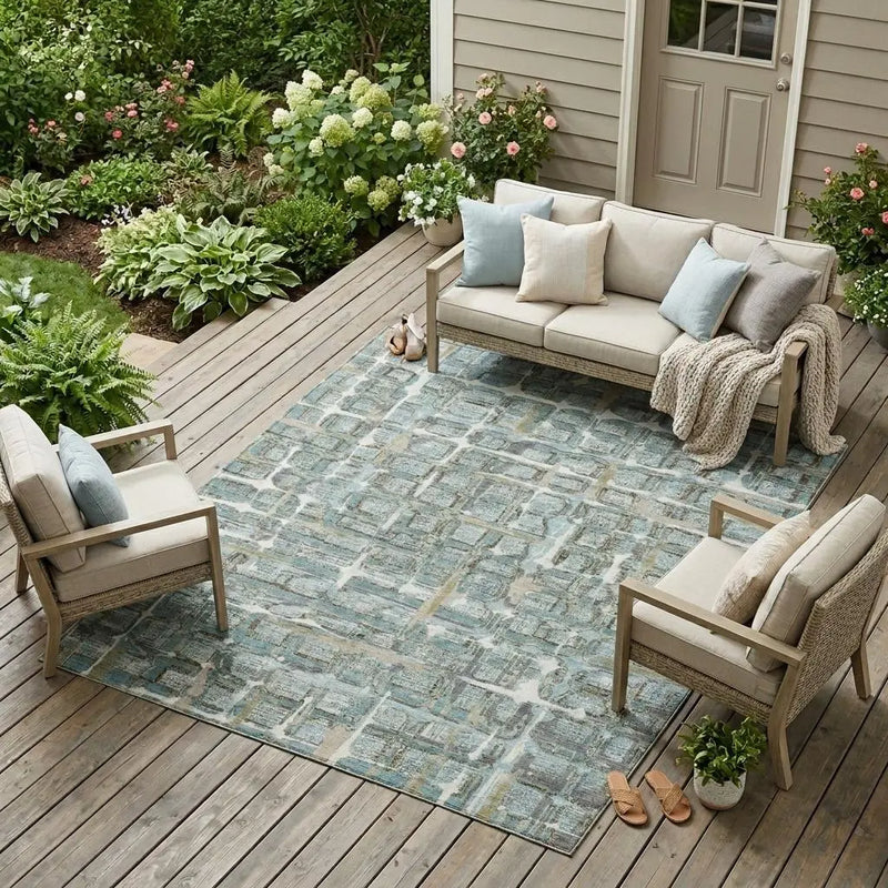 10' X 14' Teal Blue And Pewter Geometric Washable Indoor Outdoor Area Rug Homeroots Outdoor
