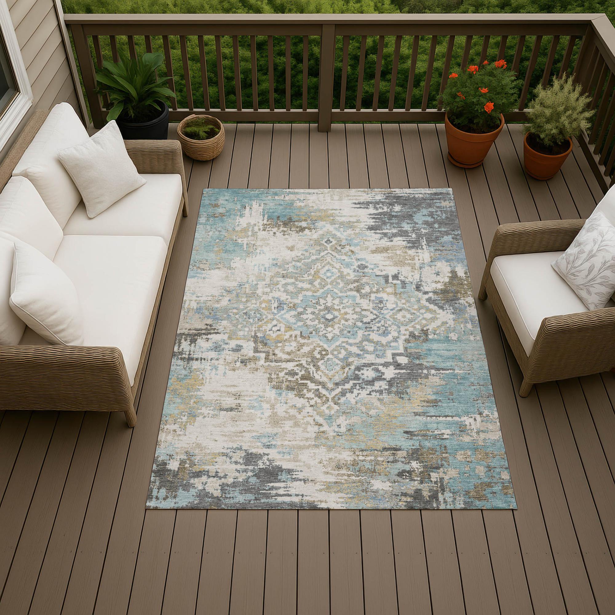 10' X 14' Teal Blue And Pewter Medallion Washable Indoor Outdoor Area Rug Homeroots Outdoor