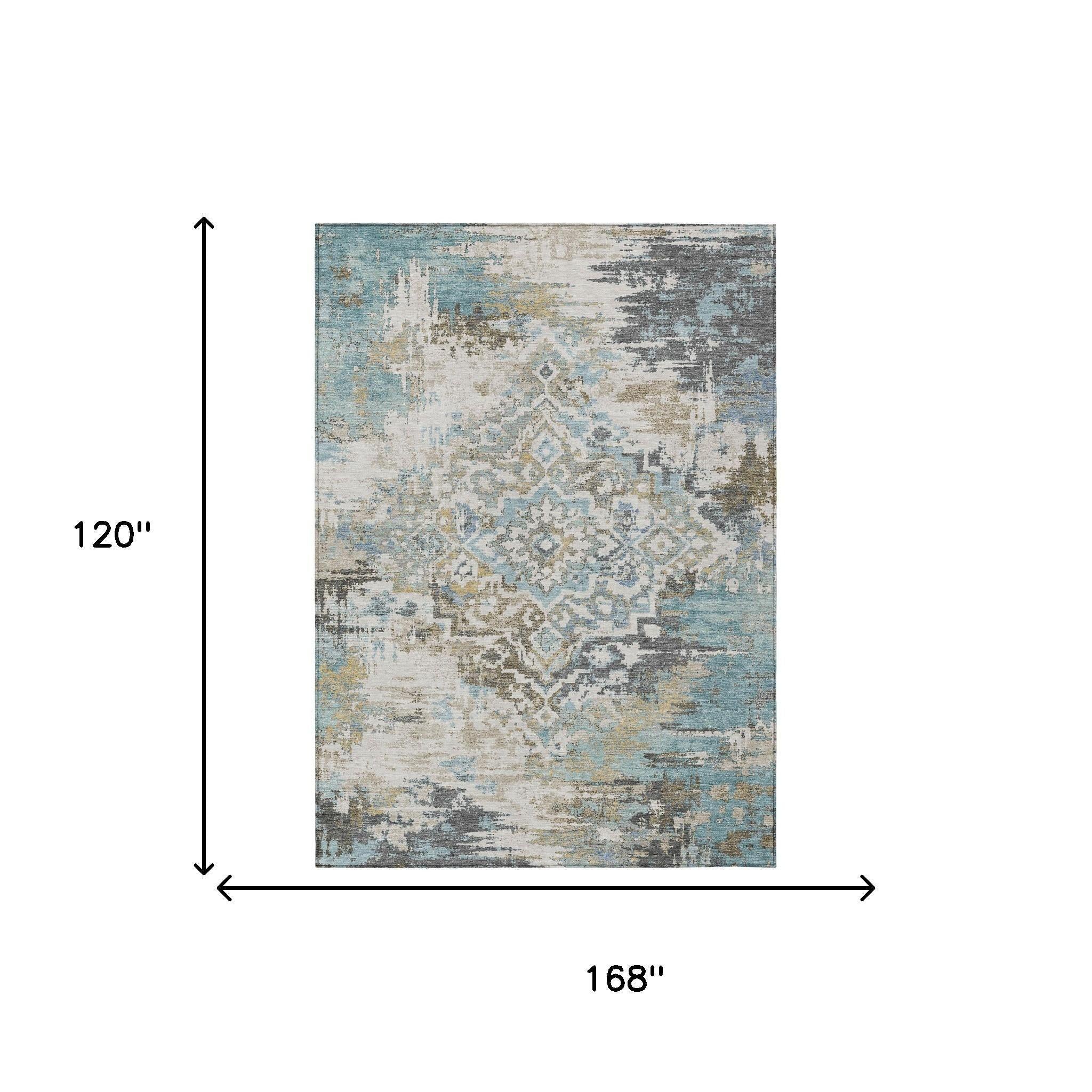 10' X 14' Teal Blue And Pewter Medallion Washable Indoor Outdoor Area Rug Homeroots Outdoor