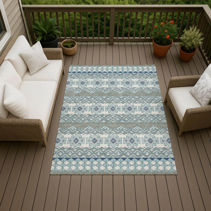 10' X 14' Teal Blue And Pewter Striped Washable Indoor Outdoor Area Rug Homeroots Outdoor