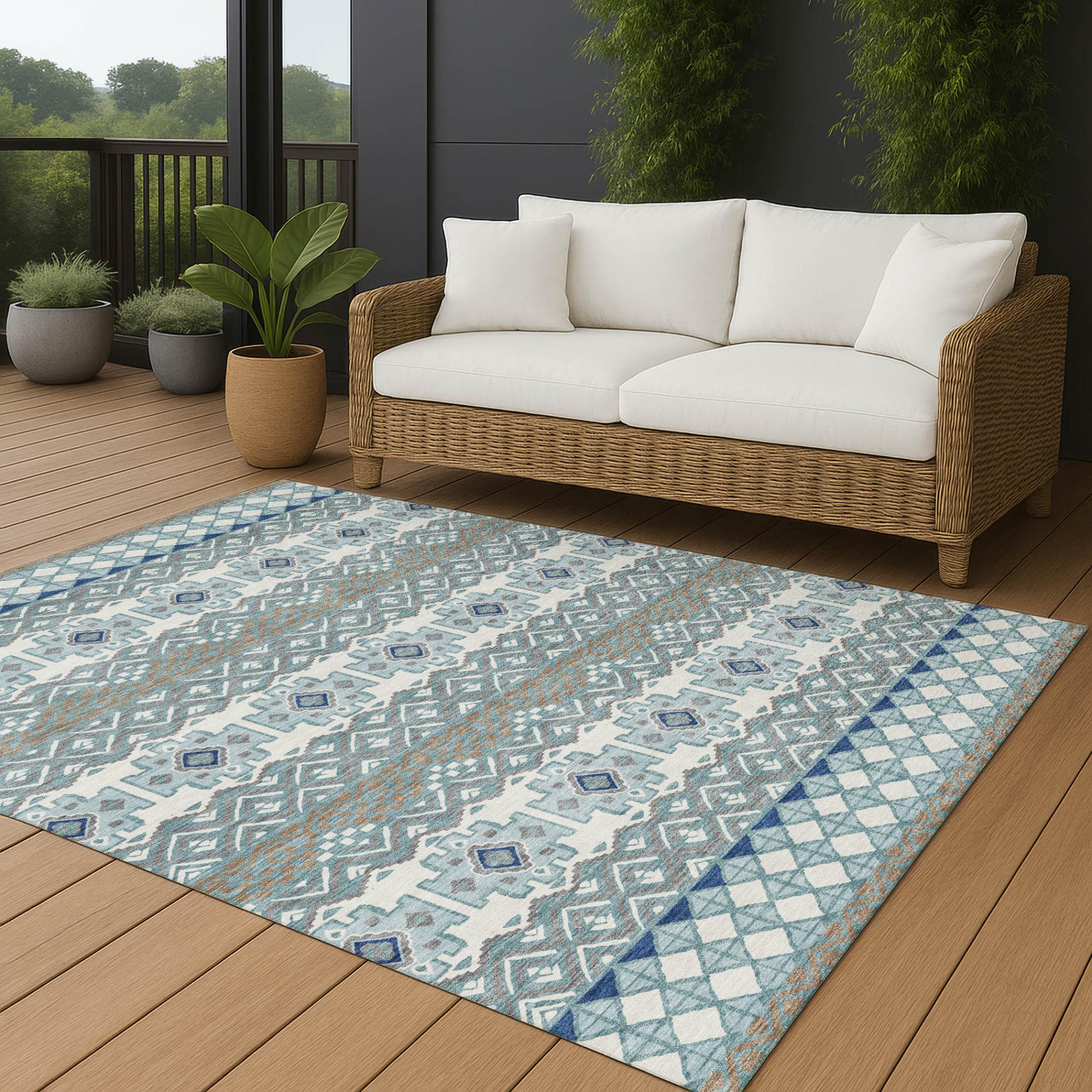 10' X 14' Teal Blue And Pewter Striped Washable Indoor Outdoor Area Rug Homeroots Outdoor