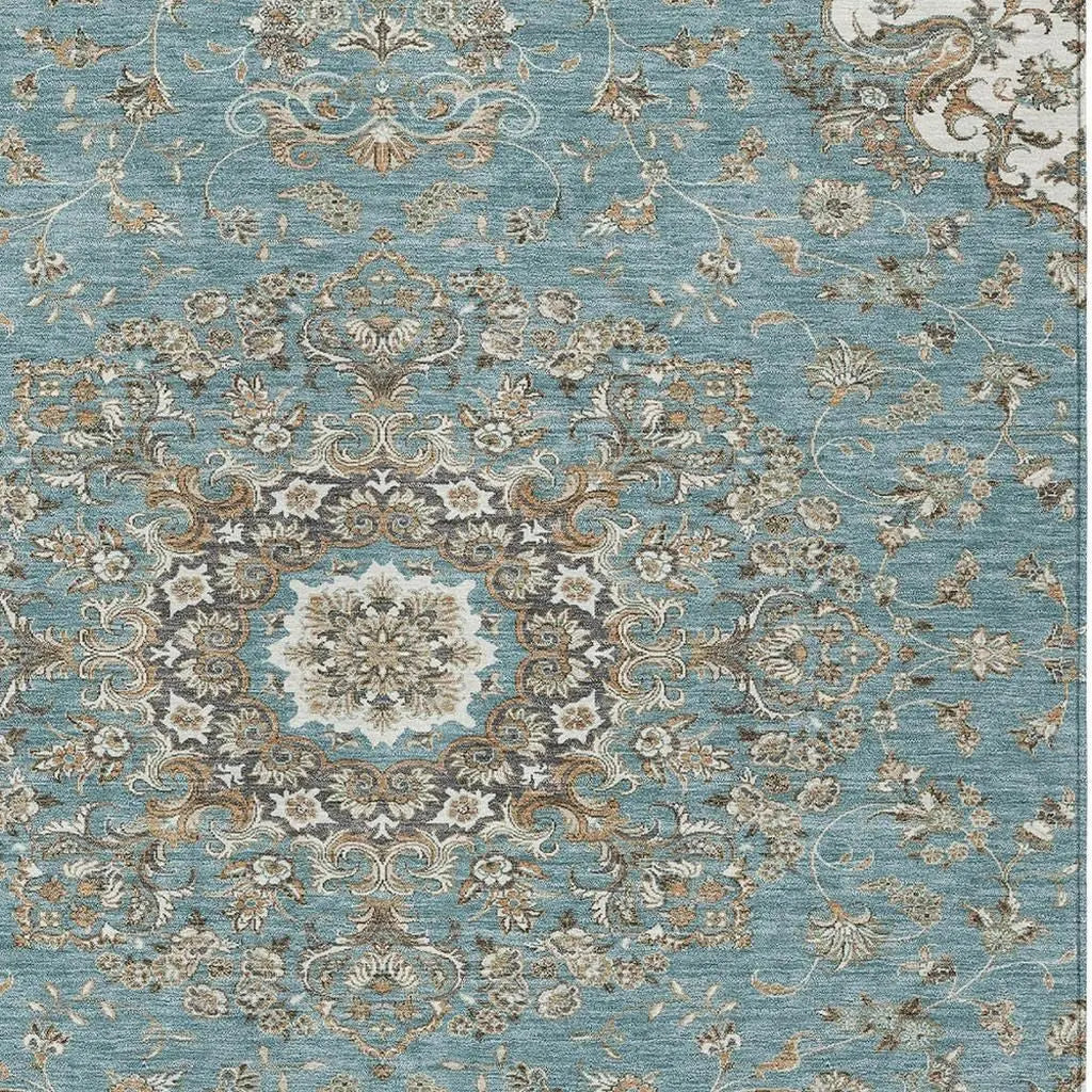 10' X 14' Teal Blue And Sage Floral Medallion Washable Indoor Outdoor Area Rug Homeroots Outdoor