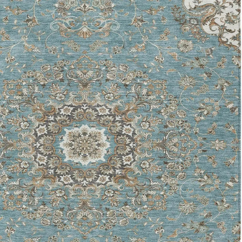 10' X 14' Teal Blue And Sage Floral Medallion Washable Indoor Outdoor Area Rug Homeroots Outdoor