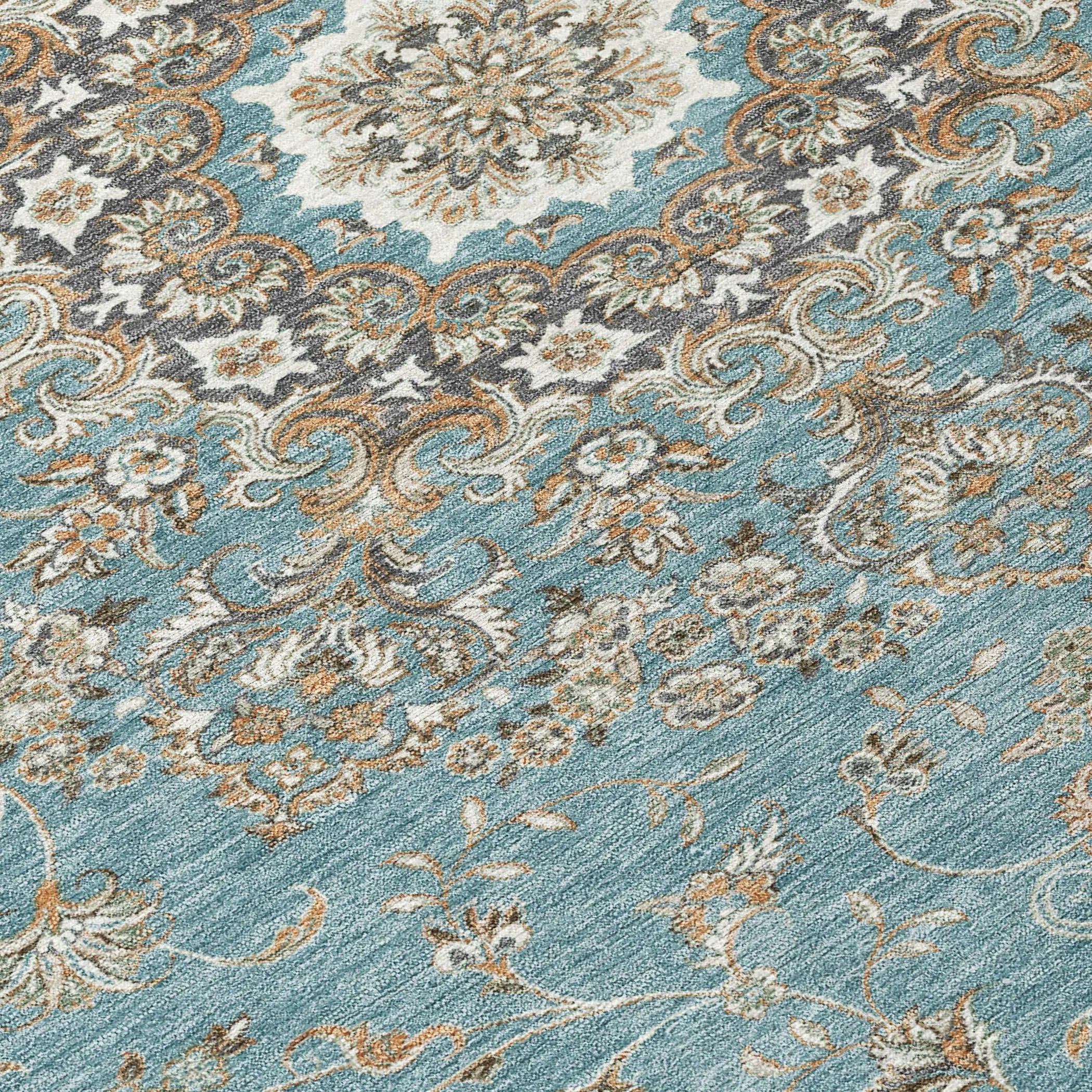 10' X 14' Teal Blue And Sage Floral Medallion Washable Indoor Outdoor Area Rug Homeroots Outdoor