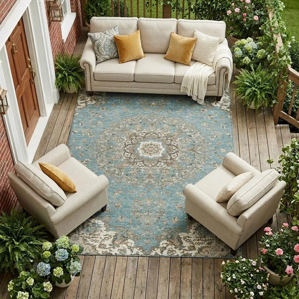 10' X 14' Teal Blue And Sage Floral Medallion Washable Indoor Outdoor Area Rug Homeroots Outdoor