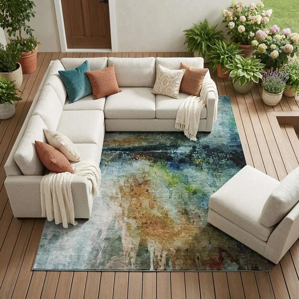 10' X 14' Teal Blue And Silver Abstract Washable Indoor Outdoor Area Rug Homeroots Outdoor