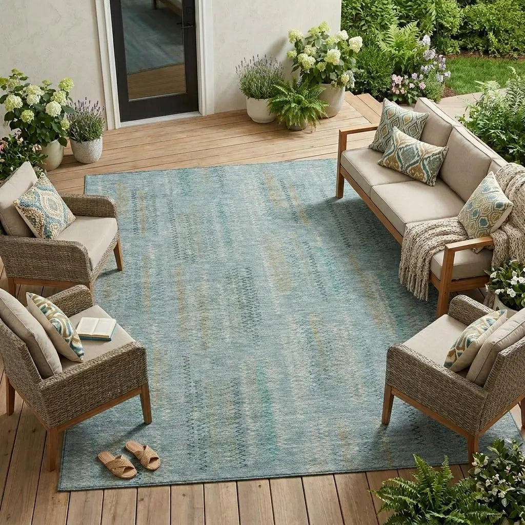 10' X 14' Teal Blue And Silver Abstract Washable Indoor Outdoor Area Rug Homeroots Outdoor