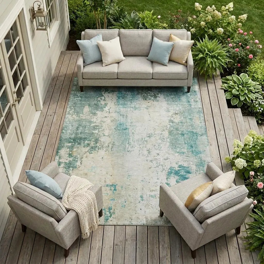 10' X 14' Teal Blue And Silver Abstract Washable Indoor Outdoor Area Rug Homeroots Outdoor
