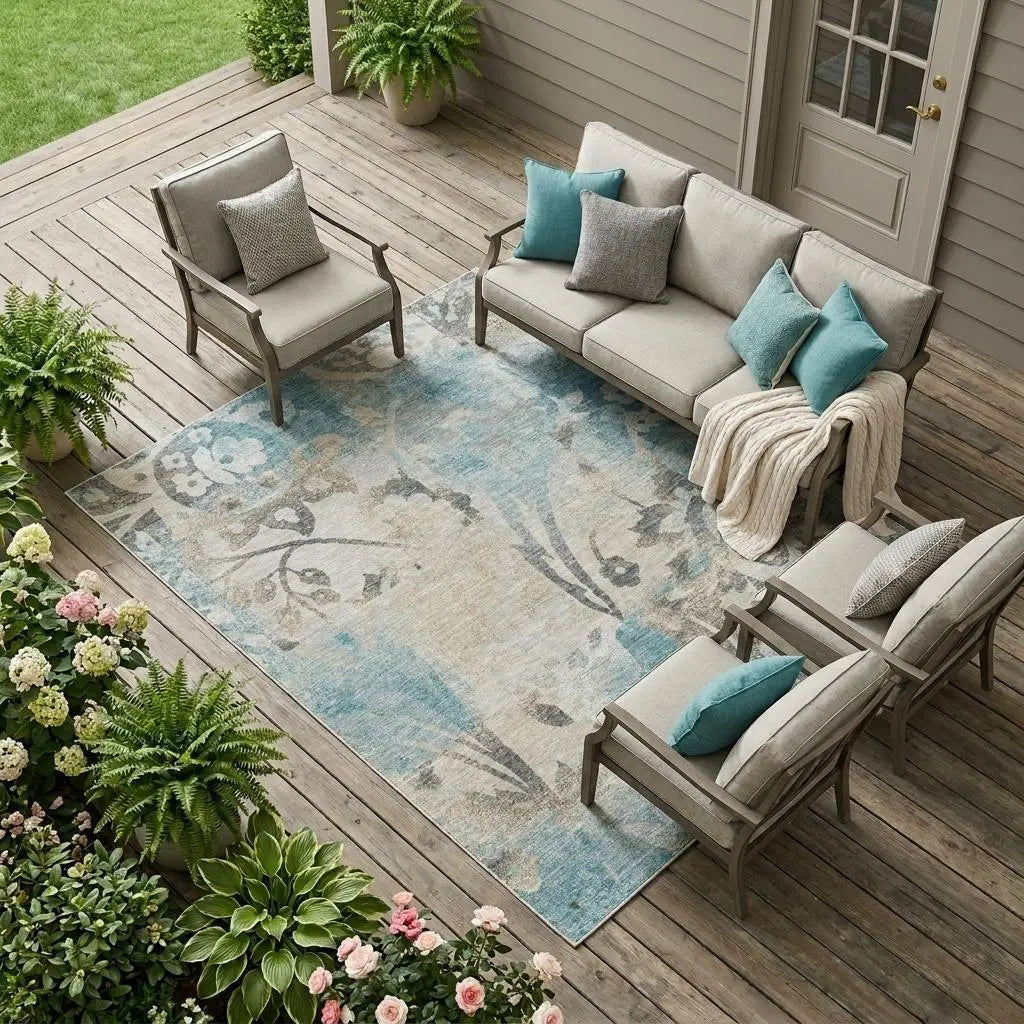 10' X 14' Teal Blue And Silver Botanical Leaves Washable Indoor Outdoor Area Rug Homeroots Outdoor