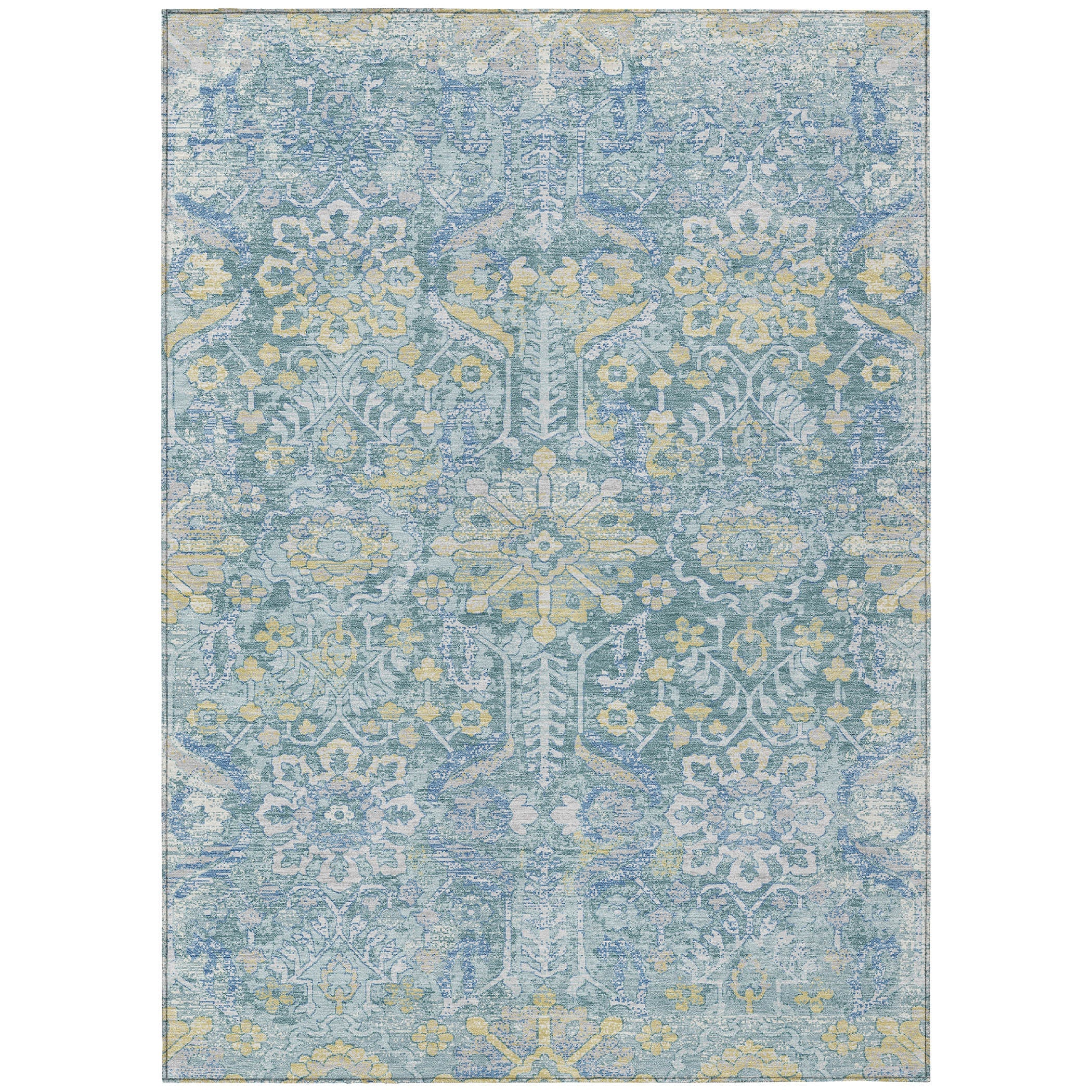 10' X 14' Teal Blue And Silver Damask Washable Indoor Outdoor Area Rug Homeroots Outdoor