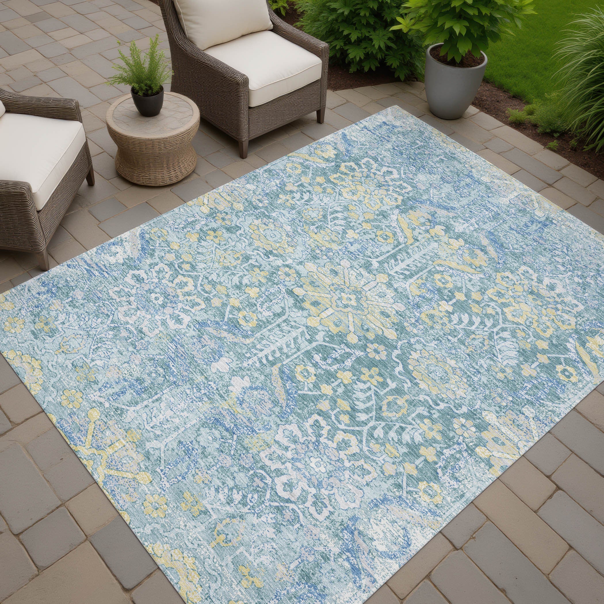 10' X 14' Teal Blue And Silver Damask Washable Indoor Outdoor Area Rug Homeroots Outdoor