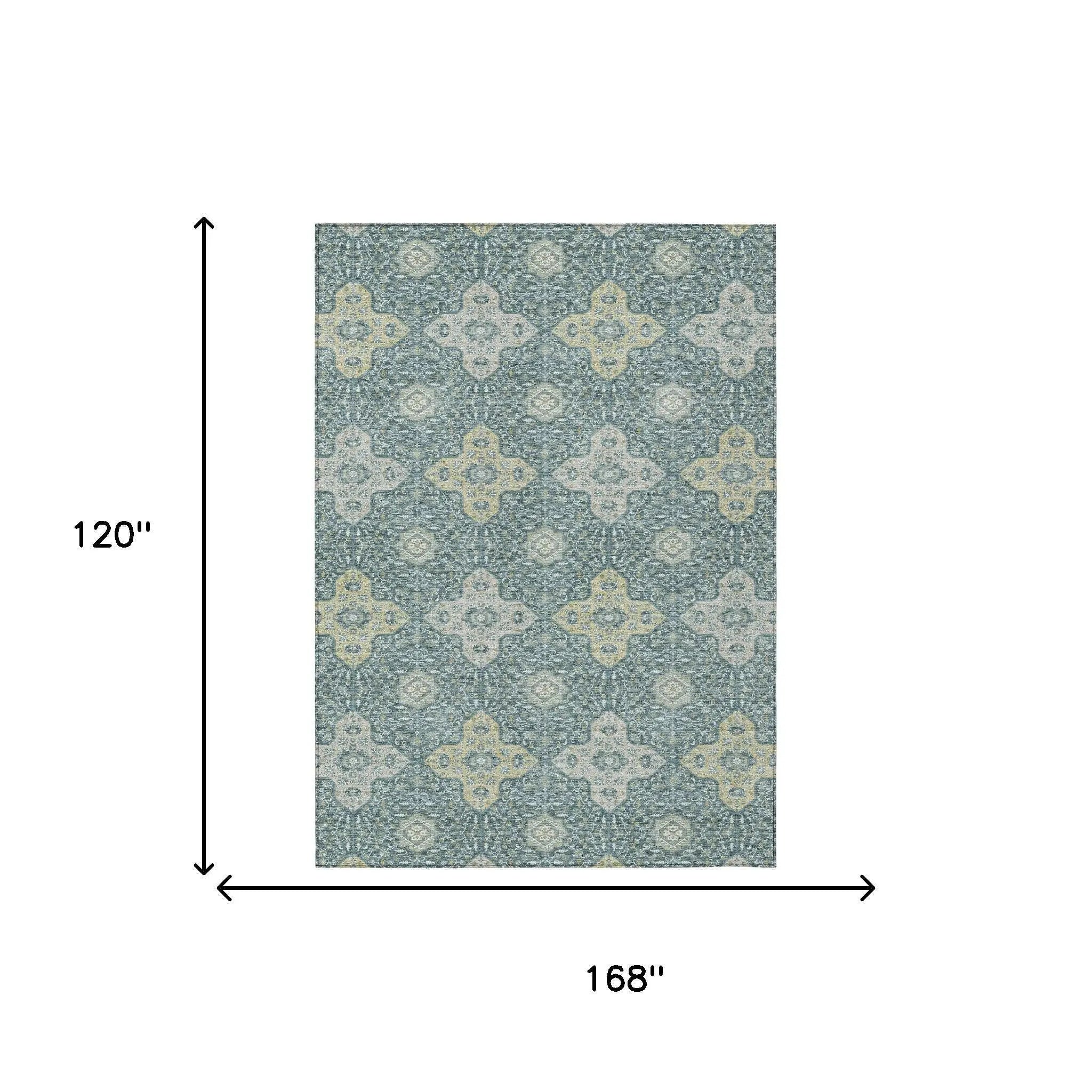10' X 14' Teal Blue And Silver Damask Washable Indoor Outdoor Area Rug Homeroots Outdoor