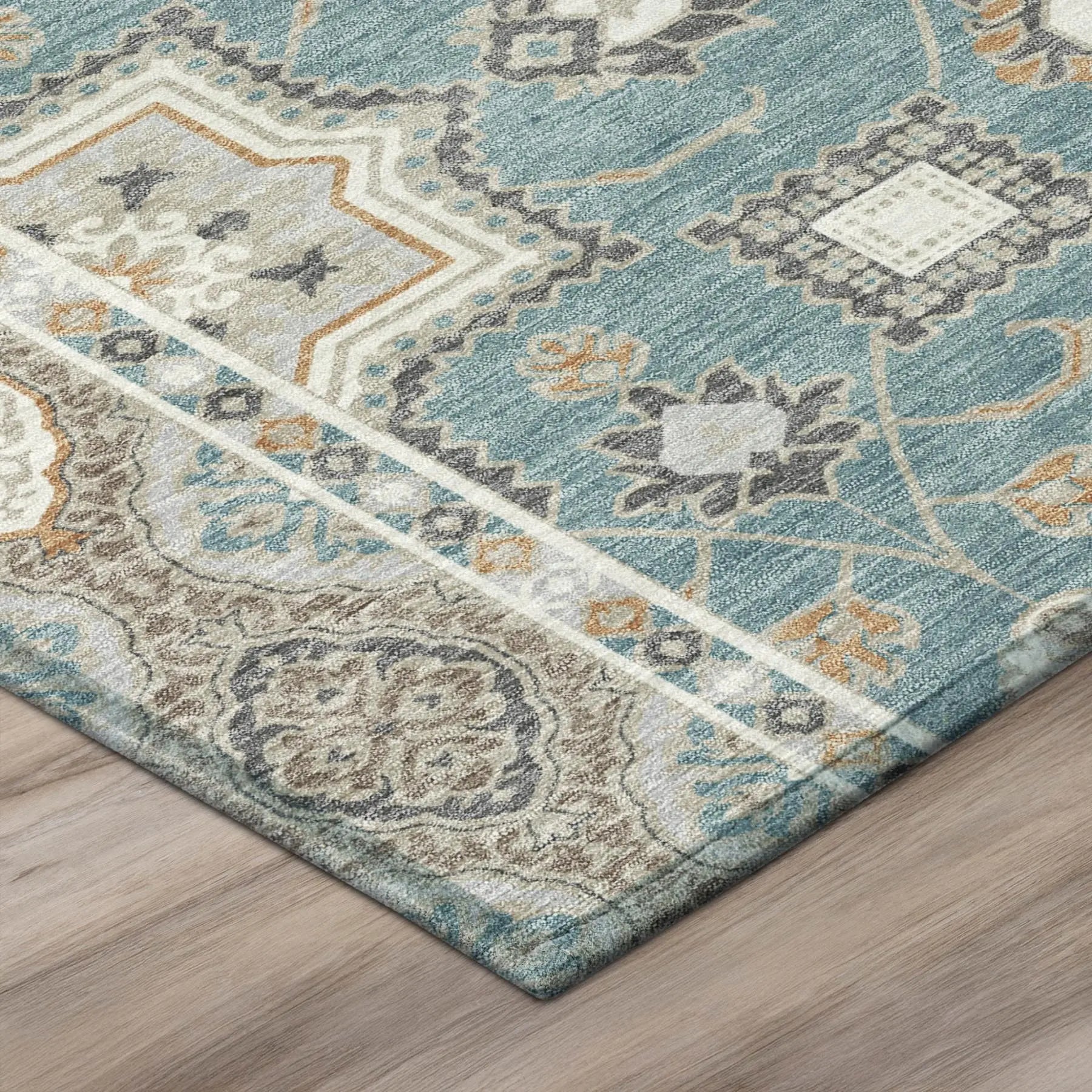 10' X 14' Teal Blue And Silver Floral Medallion Washable Indoor Outdoor Area Rug Homeroots Outdoor
