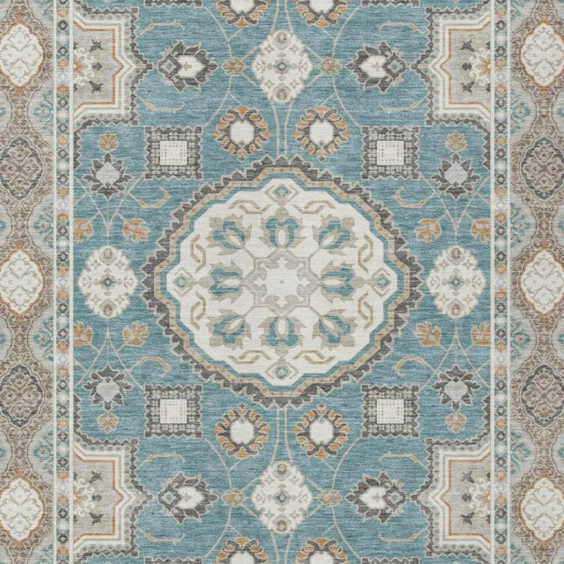 10' X 14' Teal Blue And Silver Floral Medallion Washable Indoor Outdoor Area Rug Homeroots Outdoor