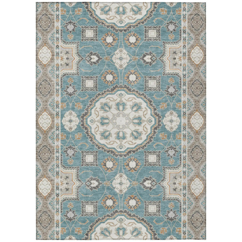 10' X 14' Teal Blue And Silver Floral Medallion Washable Indoor Outdoor Area Rug Homeroots Outdoor