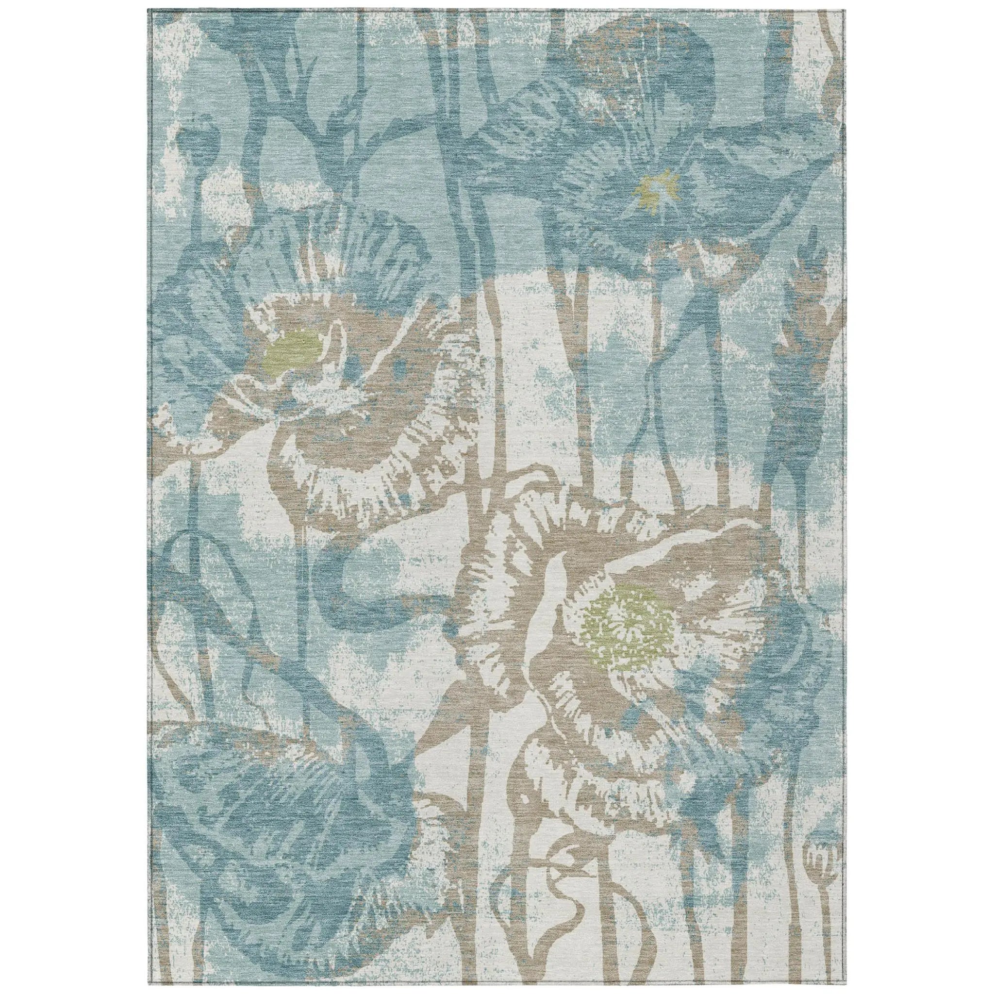 10' X 14' Teal Blue And Silver Floral Washable Indoor Outdoor Area Rug Homeroots Outdoor