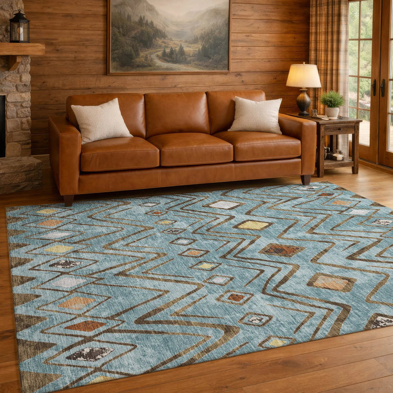 10' X 14' Teal Blue And Silver Geometric Washable Indoor Outdoor Area Rug Homeroots Outdoor