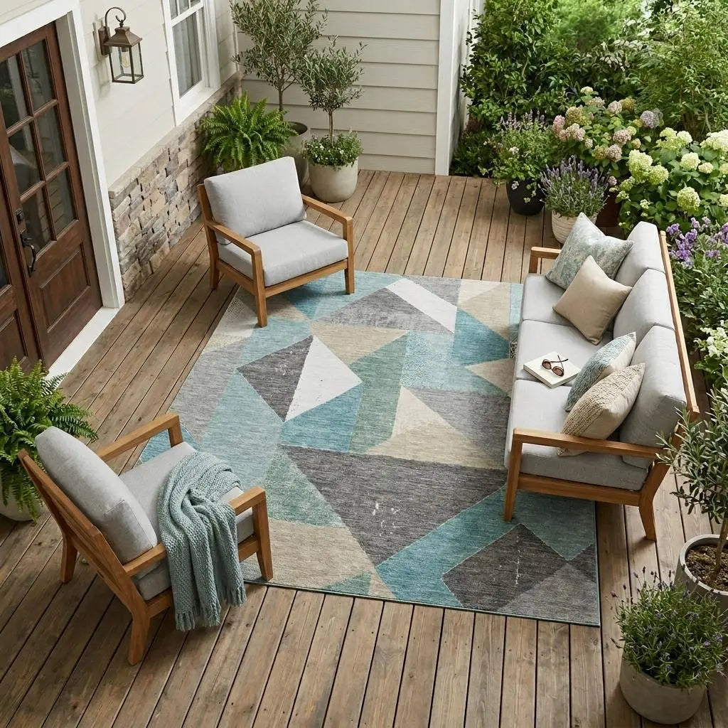 10' X 14' Teal Blue And Silver Geometric Washable Indoor Outdoor Area Rug Homeroots Outdoor