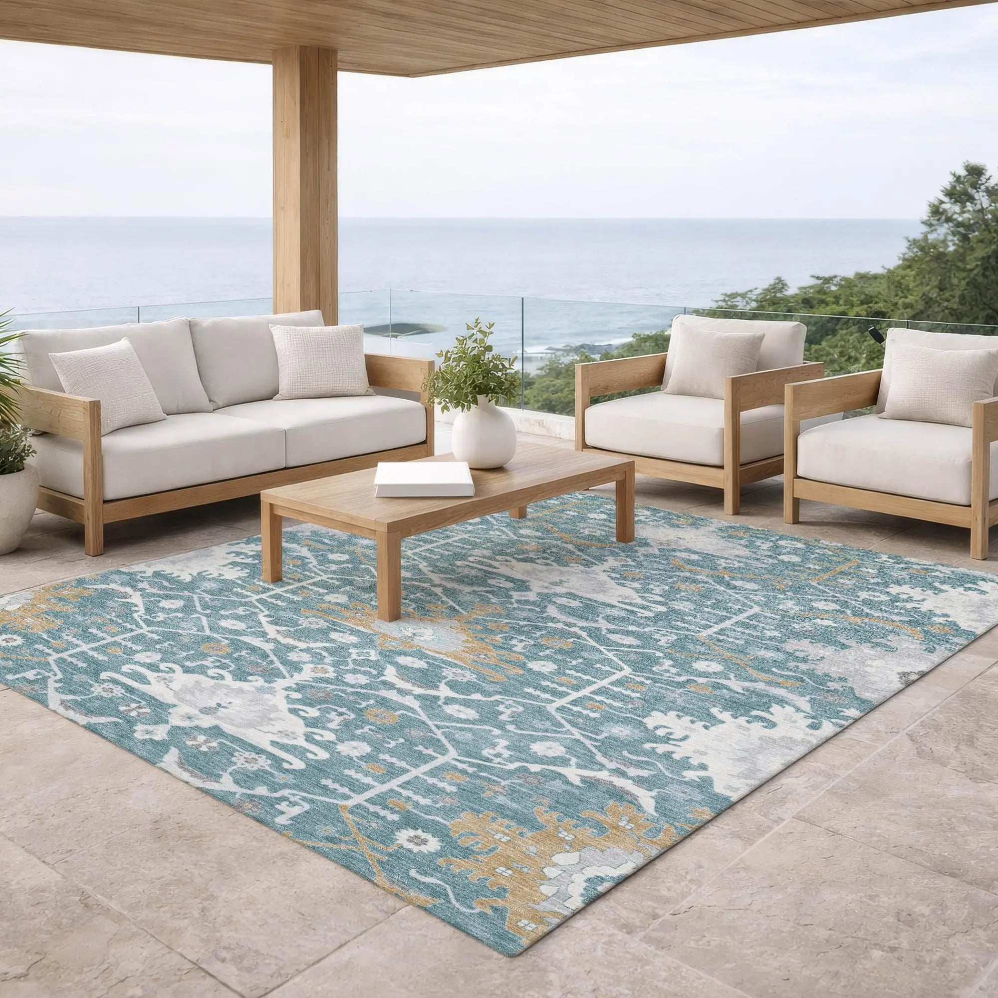 10' X 14' Teal Blue And Silver Oriental Washable Indoor Outdoor Area Rug Homeroots Outdoor