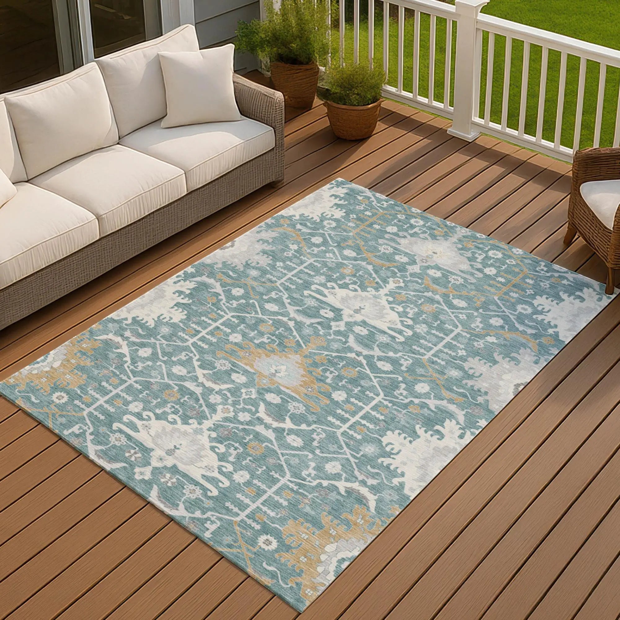 10' X 14' Teal Blue And Silver Oriental Washable Indoor Outdoor Area Rug Homeroots Outdoor