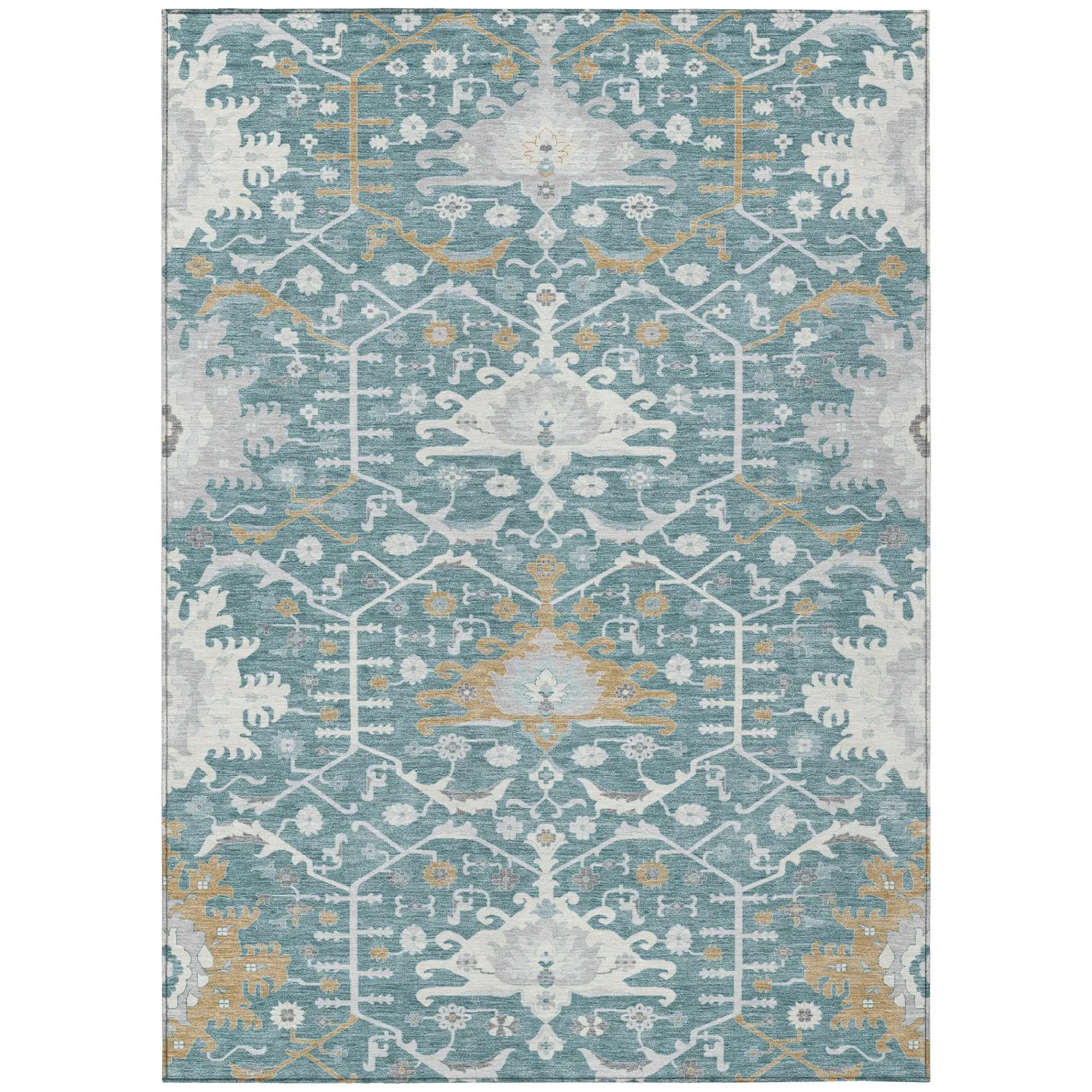 10' X 14' Teal Blue And Silver Oriental Washable Indoor Outdoor Area Rug Homeroots Outdoor