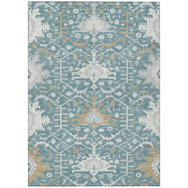 10' X 14' Teal Blue And Silver Oriental Washable Indoor Outdoor Area Rug Homeroots Outdoor