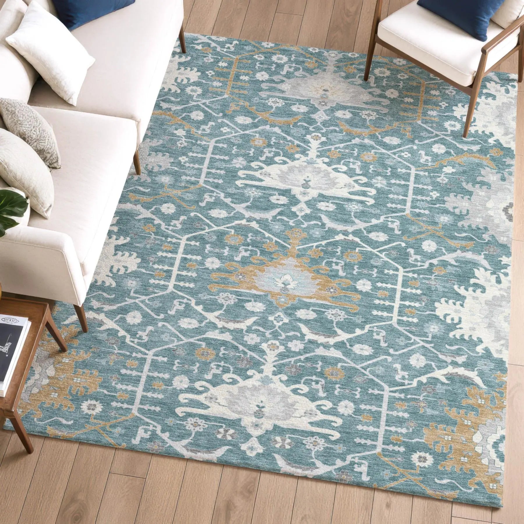 10' X 14' Teal Blue And Silver Oriental Washable Indoor Outdoor Area Rug Homeroots Outdoor