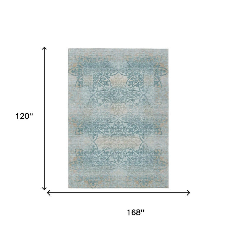 10' X 14' Teal Blue And Silver Oriental Washable Indoor Outdoor Area Rug Homeroots Outdoor