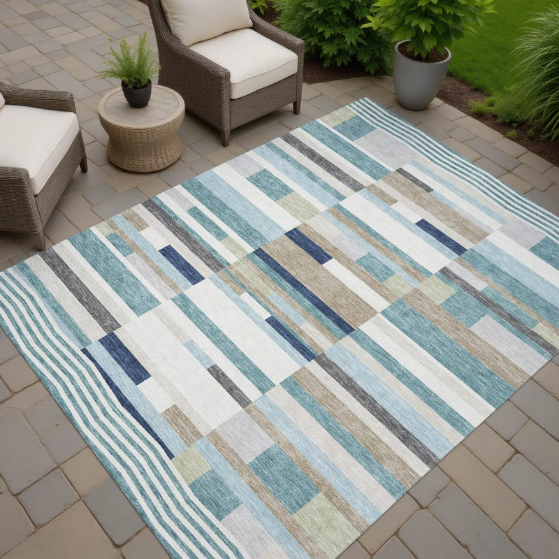10' X 14' Teal Blue And Silver Striped Washable Indoor Outdoor Area Rug Homeroots Outdoor