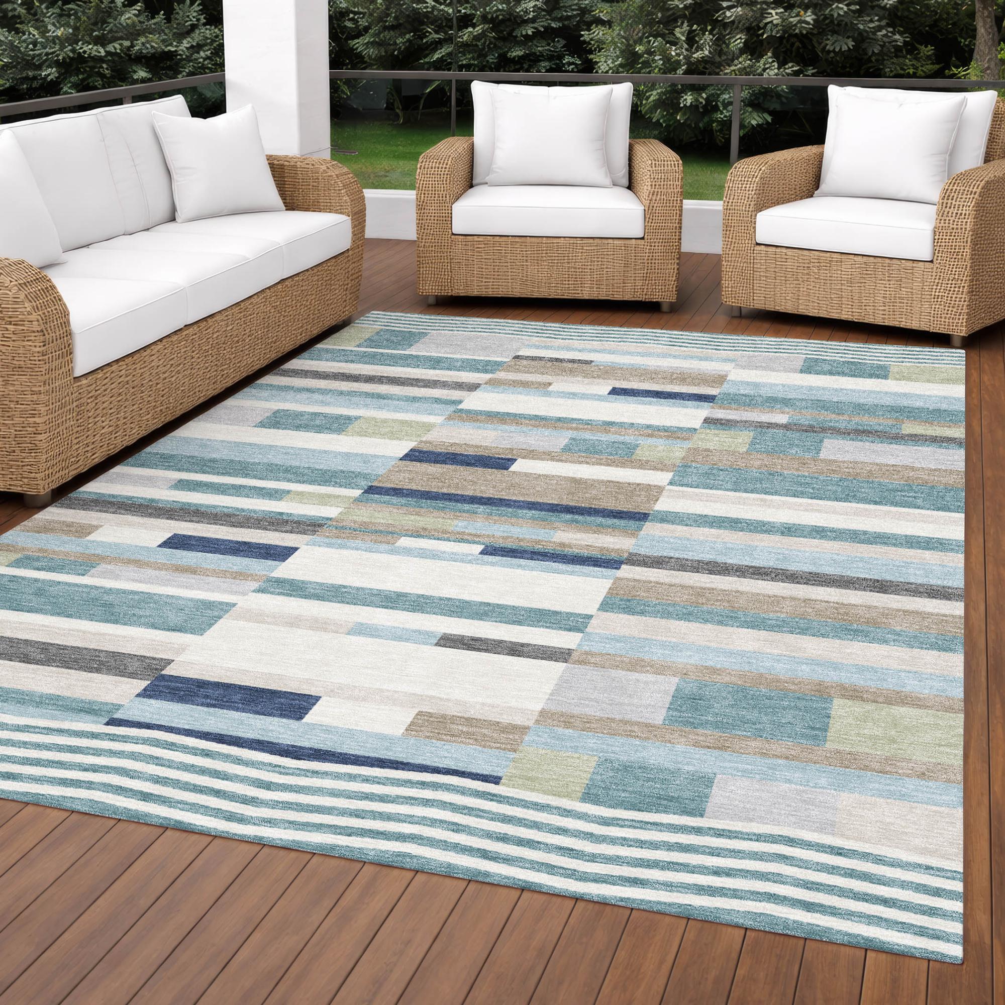 10' X 14' Teal Blue And Silver Striped Washable Indoor Outdoor Area Rug Homeroots Outdoor