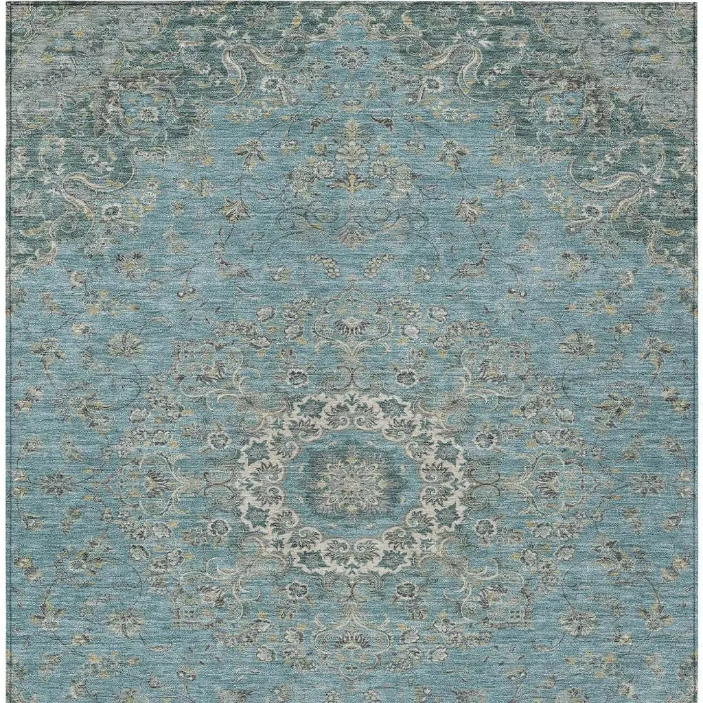 10' X 14' Teal Blue And Turquoise Floral Medallion Washable Indoor Outdoor Area Rug Homeroots Outdoor