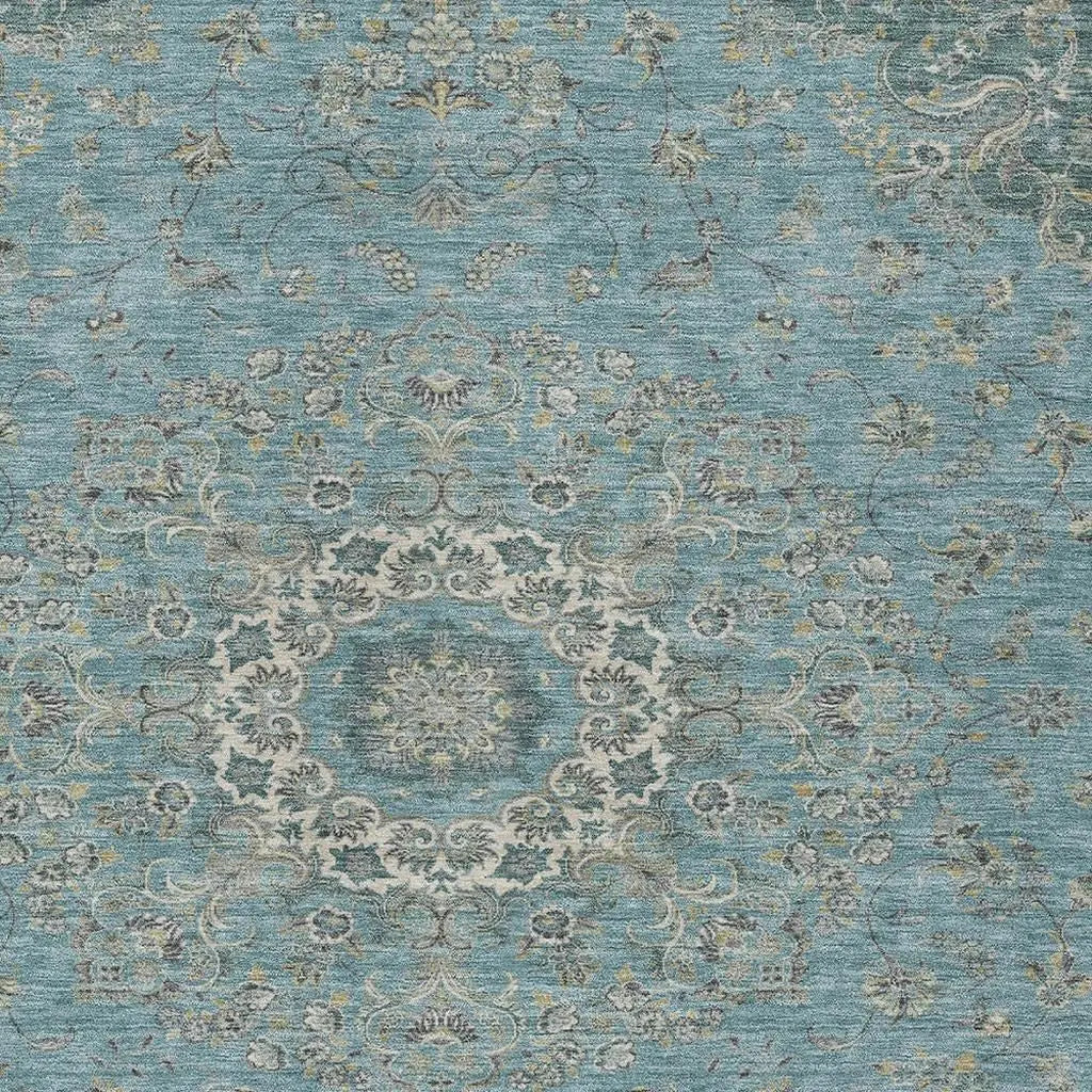 10' X 14' Teal Blue And Turquoise Floral Medallion Washable Indoor Outdoor Area Rug Homeroots Outdoor