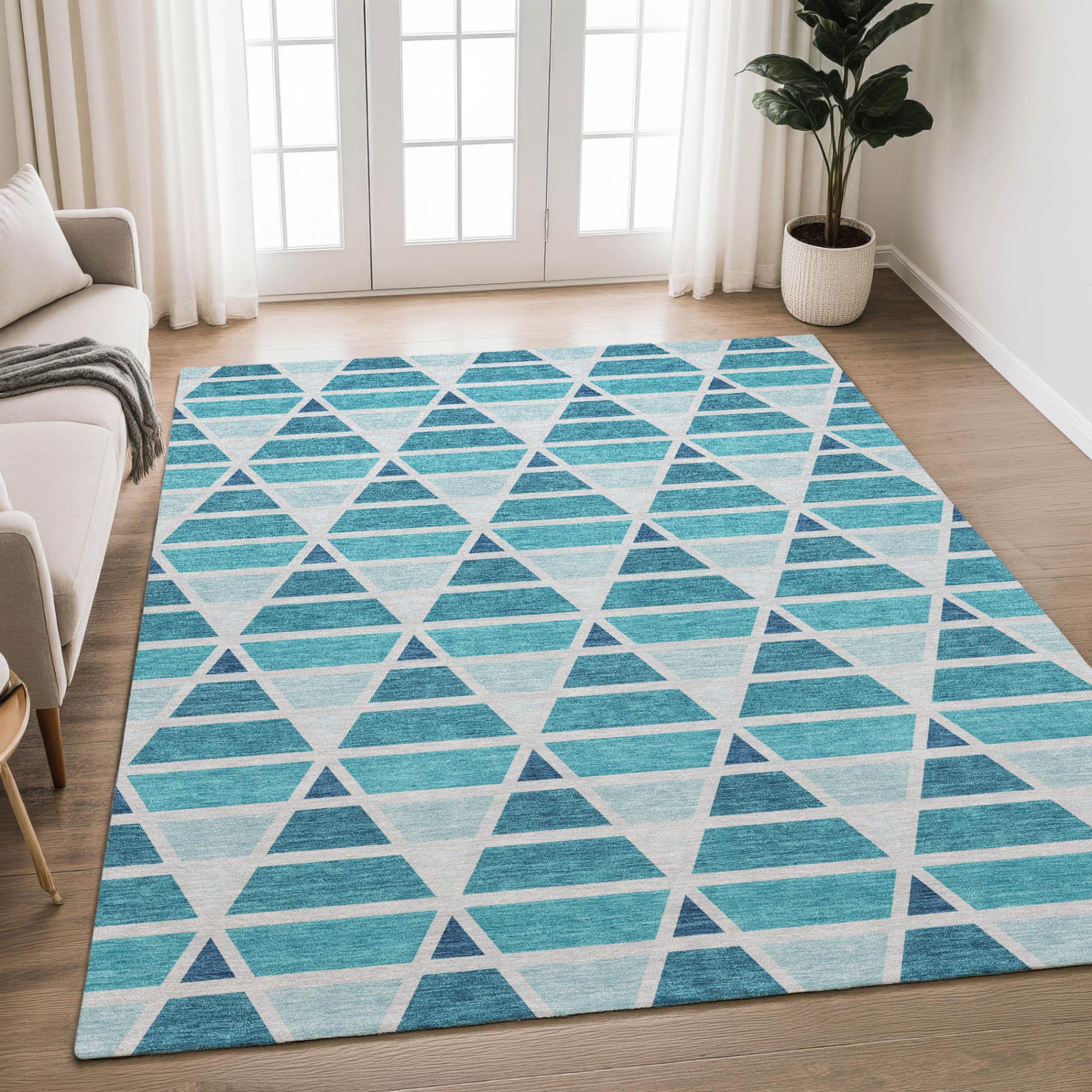 10' X 14' Teal Blue And Turquoise Geometric Washable Indoor Outdoor Area Rug Homeroots Outdoor