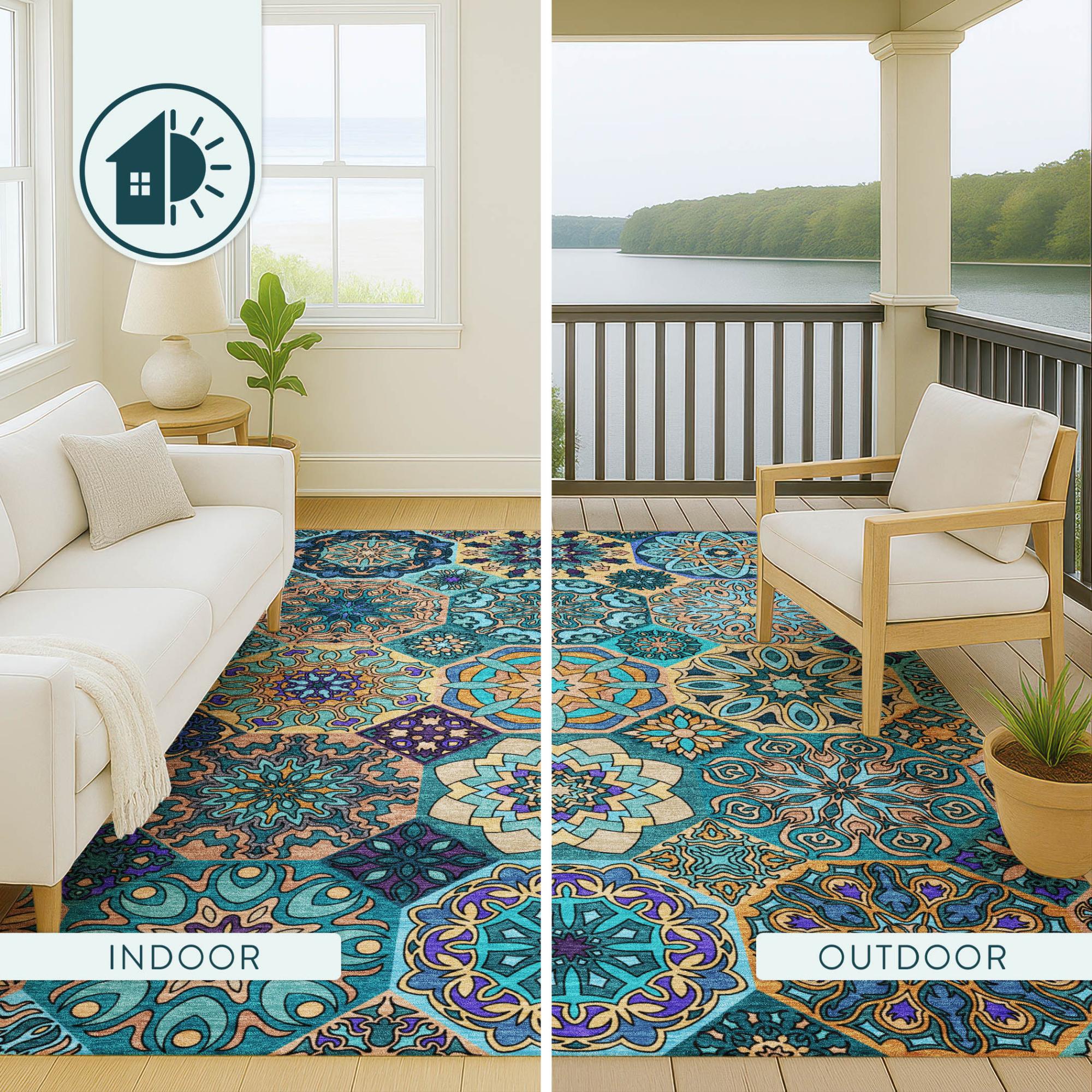 10' X 14' Teal Blue And Turquoise Patchwork Washable Indoor Outdoor Area Rug Homeroots Outdoor