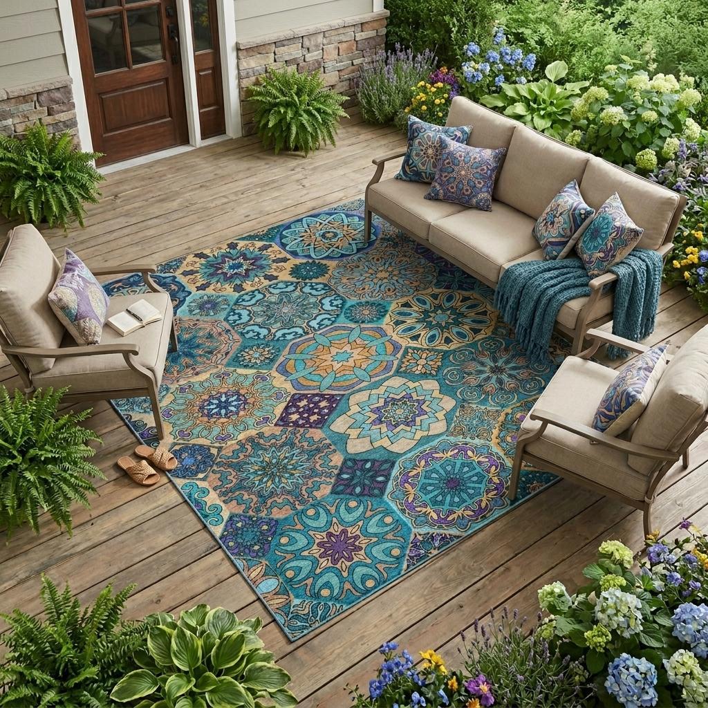 10' X 14' Teal Blue And Turquoise Patchwork Washable Indoor Outdoor Area Rug Homeroots Outdoor