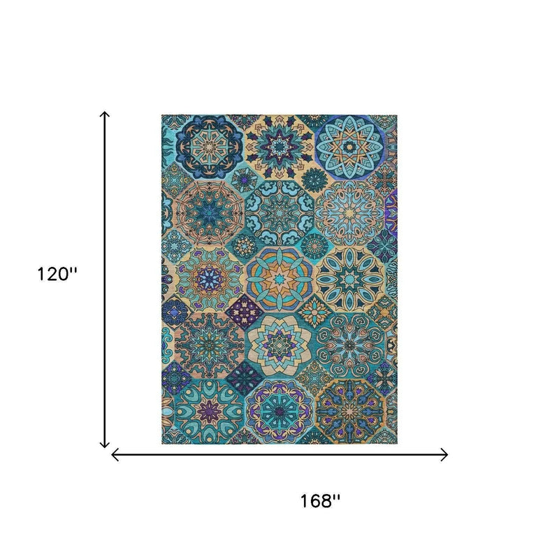 10' X 14' Teal Blue And Turquoise Patchwork Washable Indoor Outdoor Area Rug Homeroots Outdoor