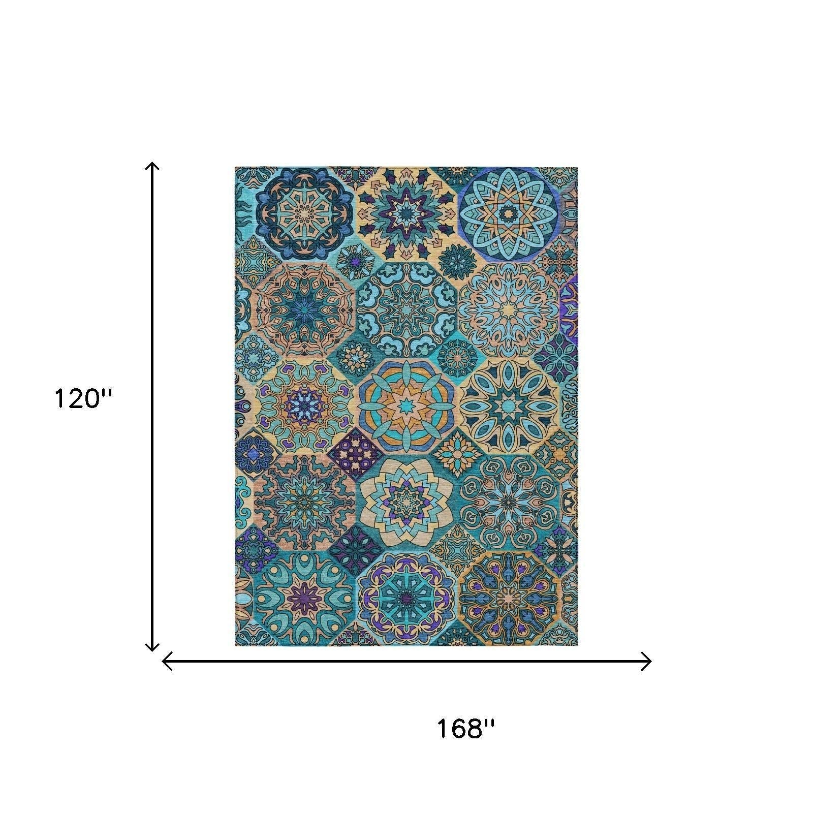 10' X 14' Teal Blue And Turquoise Patchwork Washable Indoor Outdoor Area Rug Homeroots Outdoor