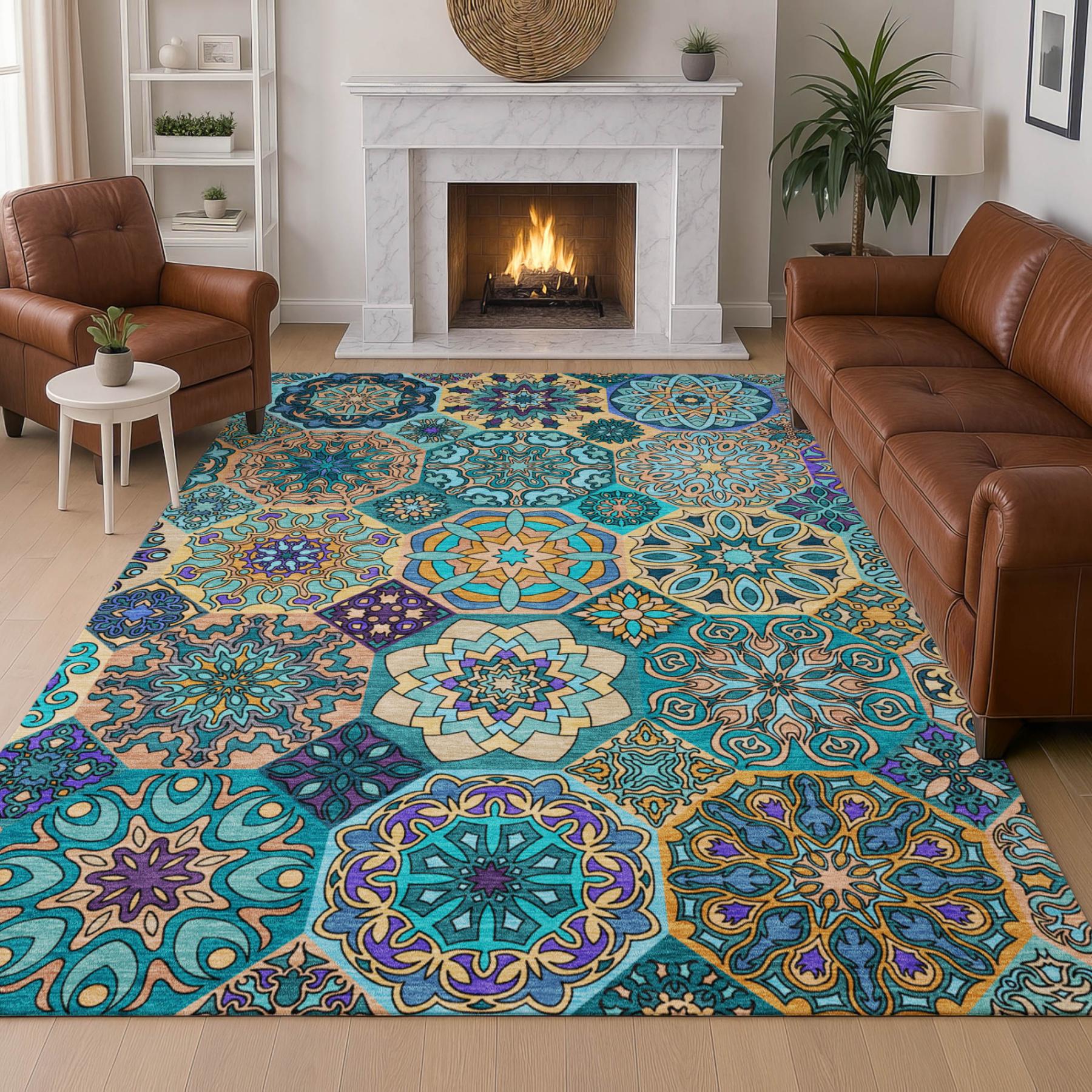10' X 14' Teal Blue And Turquoise Patchwork Washable Indoor Outdoor Area Rug Homeroots Outdoor