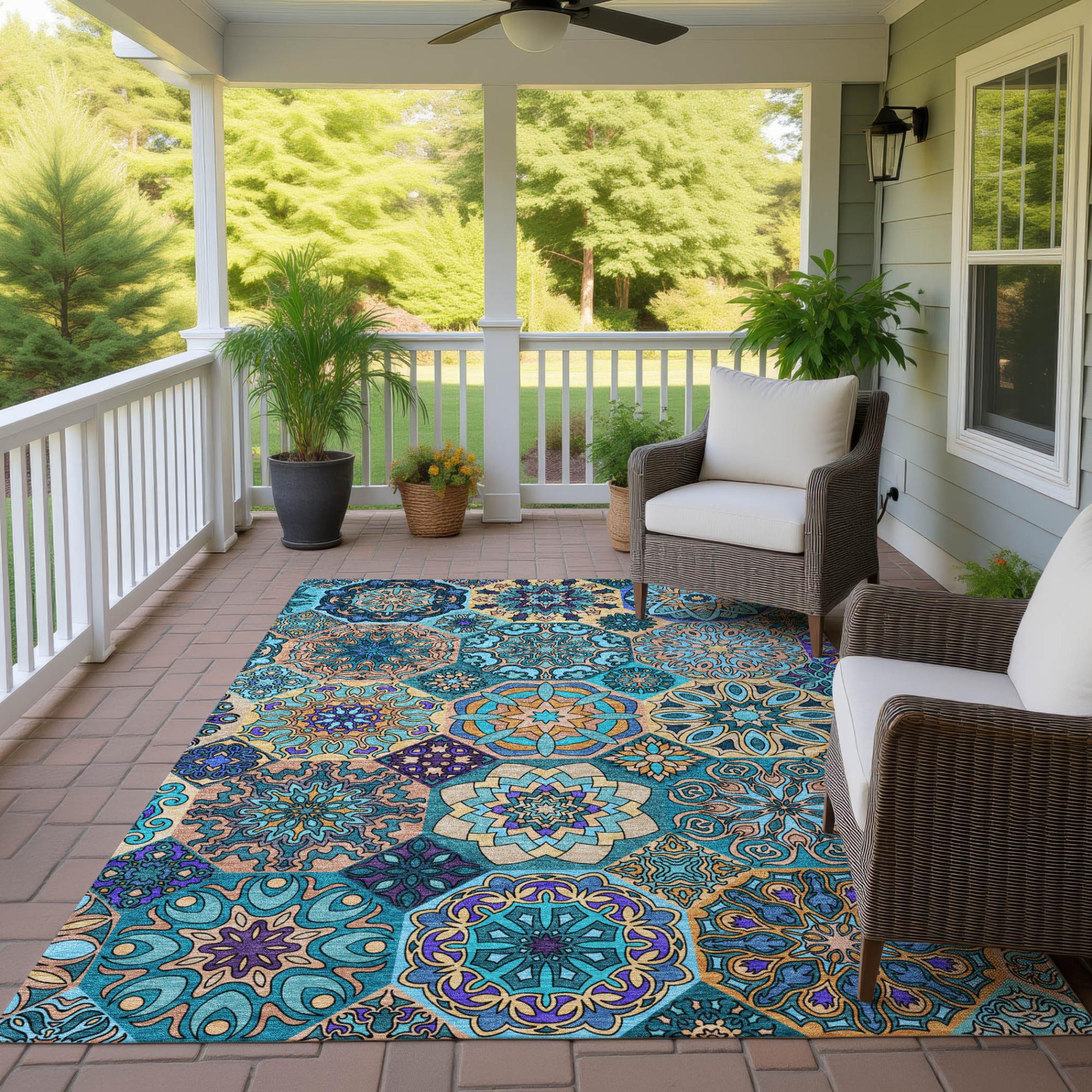 10' X 14' Teal Blue And Turquoise Patchwork Washable Indoor Outdoor Area Rug Homeroots Outdoor