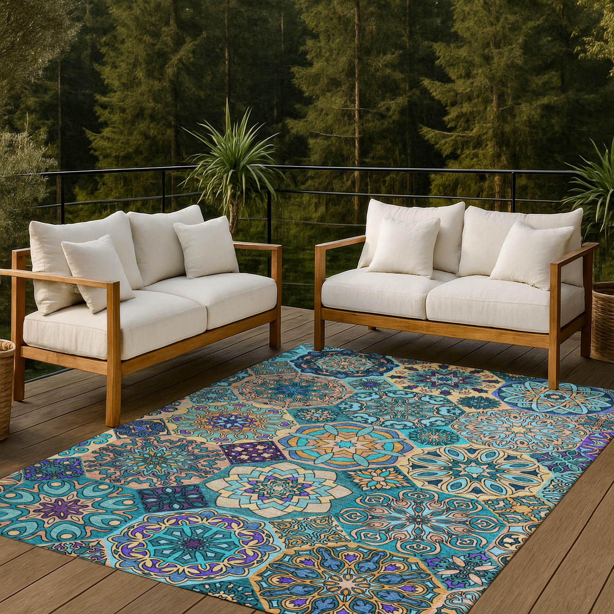 10' X 14' Teal Blue And Turquoise Patchwork Washable Indoor Outdoor Area Rug Homeroots Outdoor