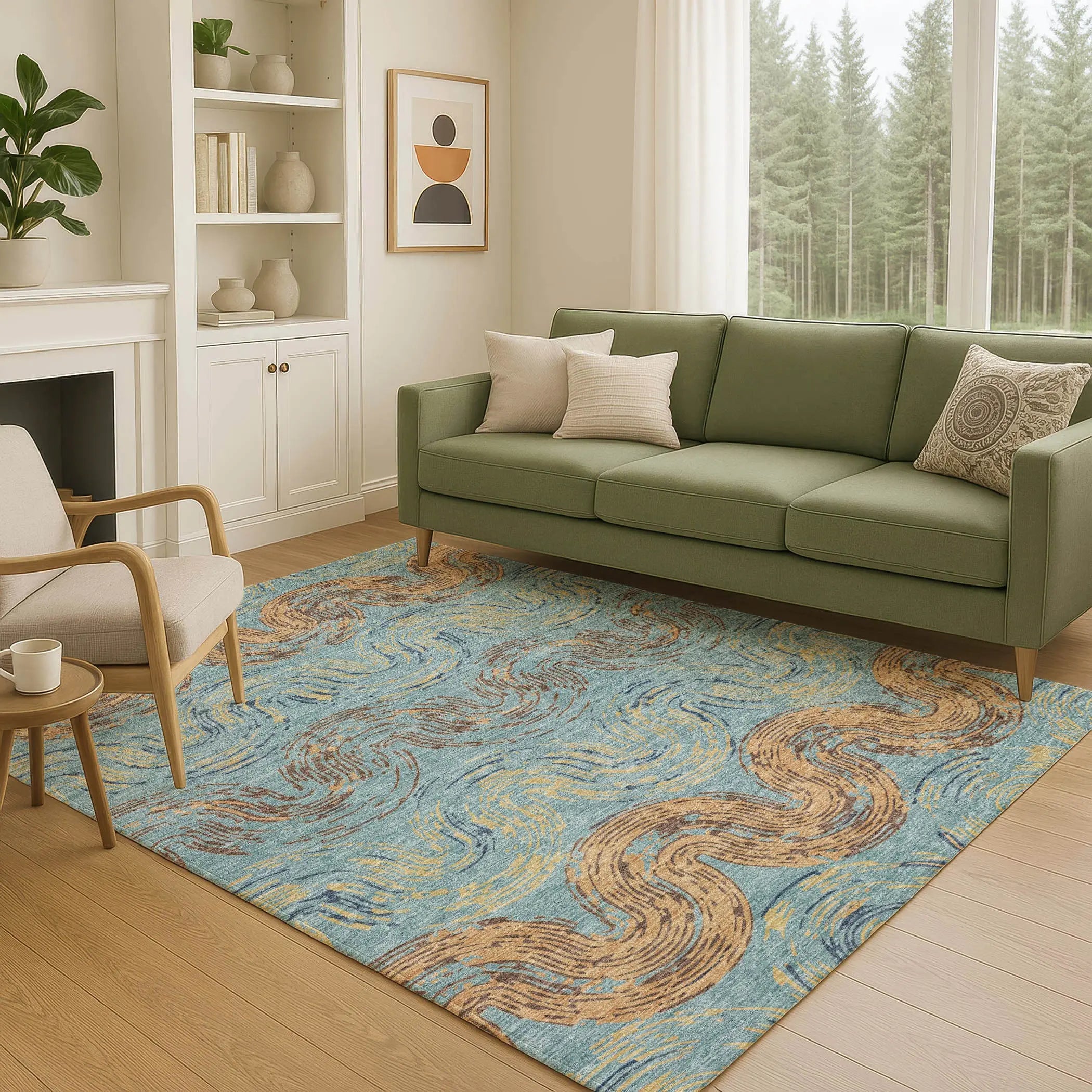 10' X 14' Teal Blue And Wheat Abstract Washable Indoor Outdoor Area Rug Homeroots Outdoor