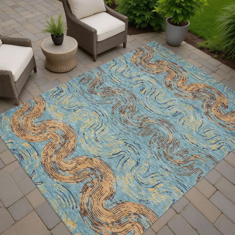 10' X 14' Teal Blue And Wheat Abstract Washable Indoor Outdoor Area Rug Homeroots Outdoor