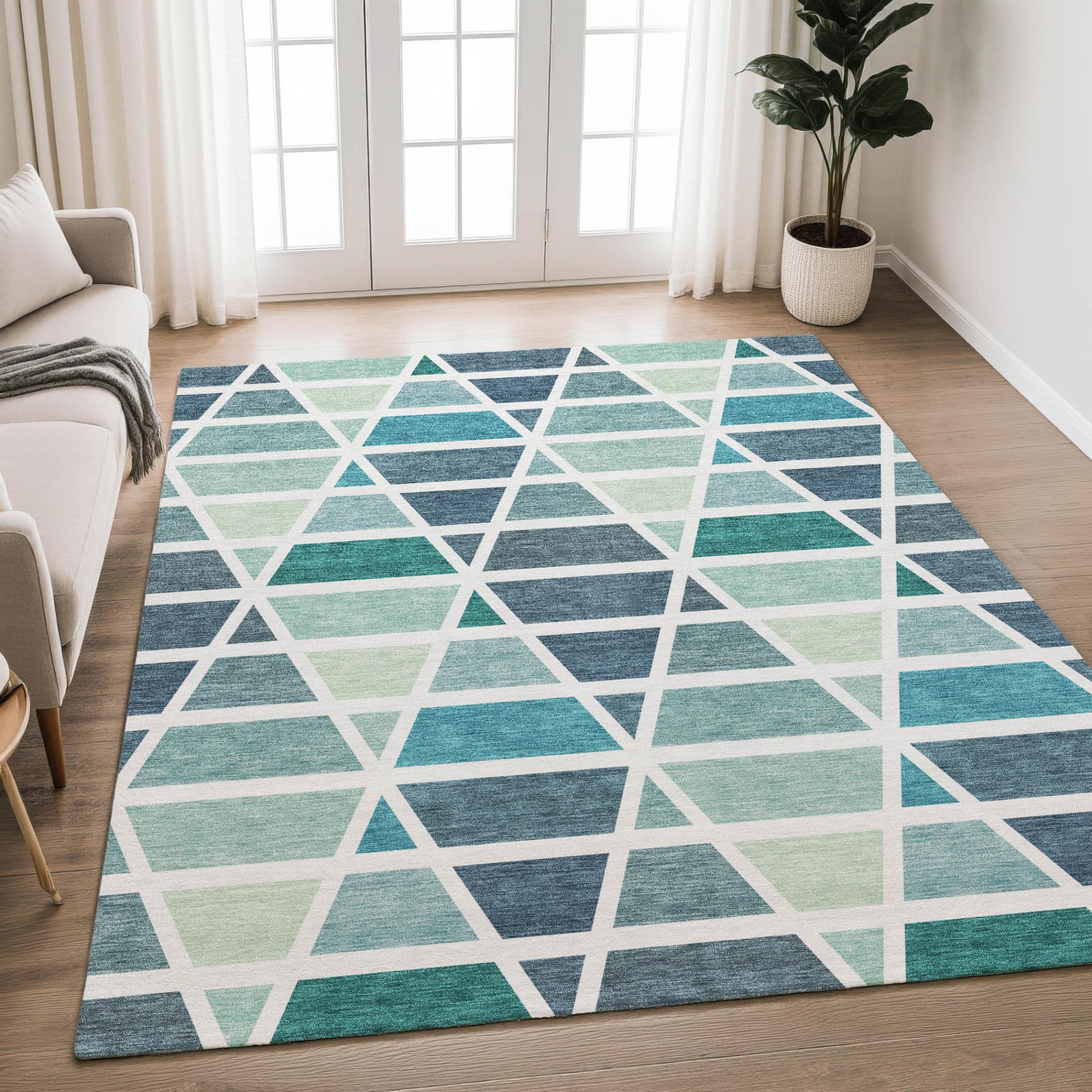 10' X 14' Teal Blue And White Geometric Washable Indoor Outdoor Area Rug Homeroots Outdoor