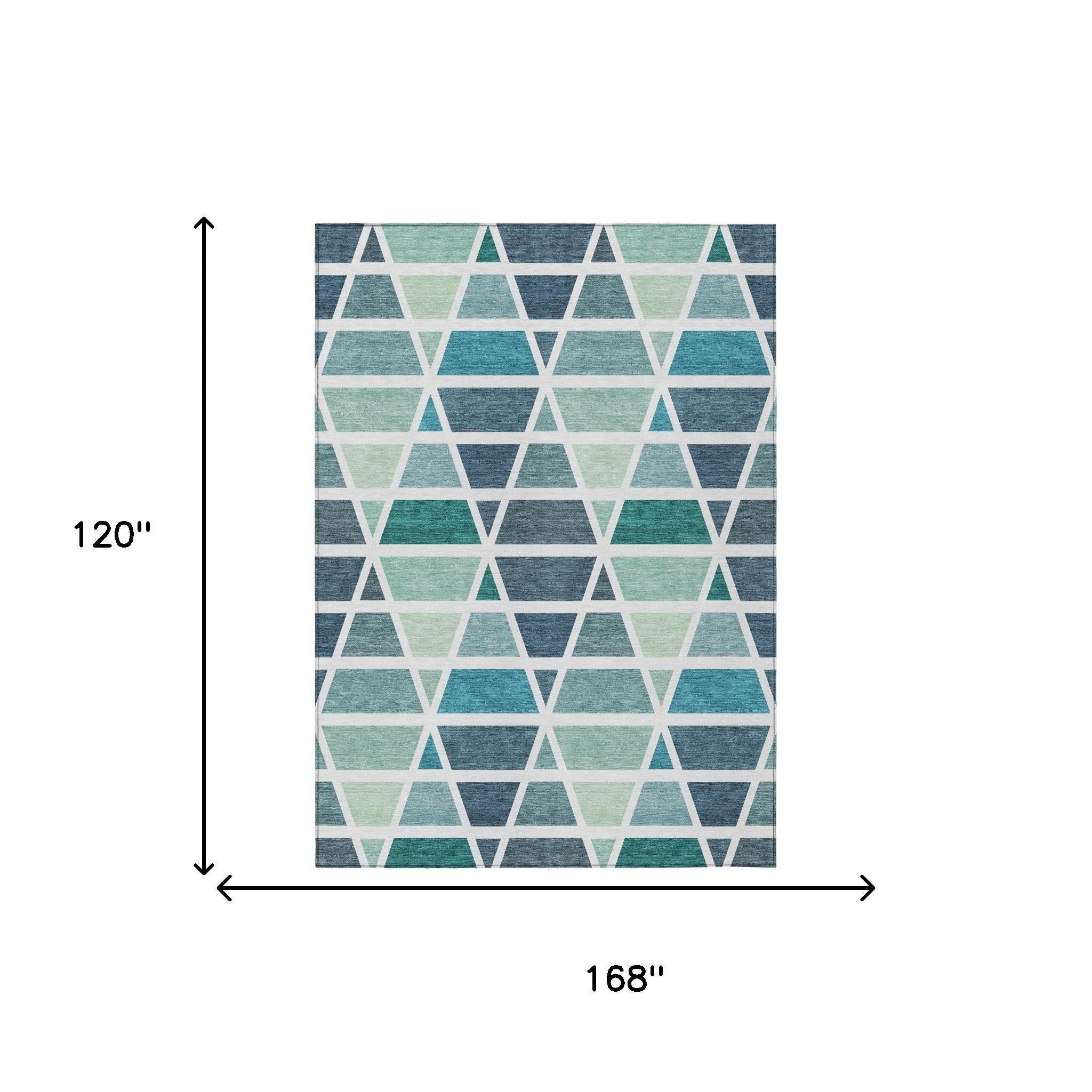 10' X 14' Teal Blue And White Geometric Washable Indoor Outdoor Area Rug Homeroots Outdoor
