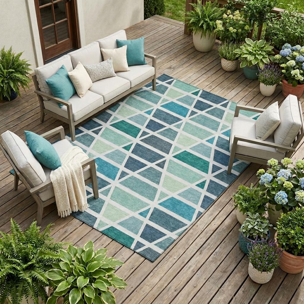 10' X 14' Teal Blue And White Geometric Washable Indoor Outdoor Area Rug Homeroots Outdoor